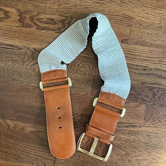 Topaz wide brown leather & cream elastic‎ belt with gold buckle main image 5
